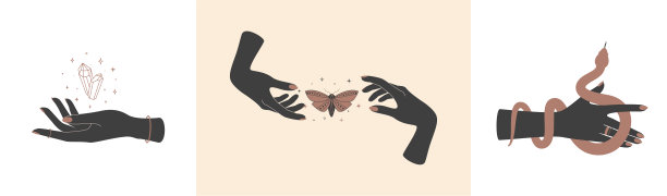 神奇的手与天上的神秘符号。波西米亚元素与蝴蝶蛾，蛇和治疗水晶。黑影的女人手臂孤立在白色上。矢量图图片下载