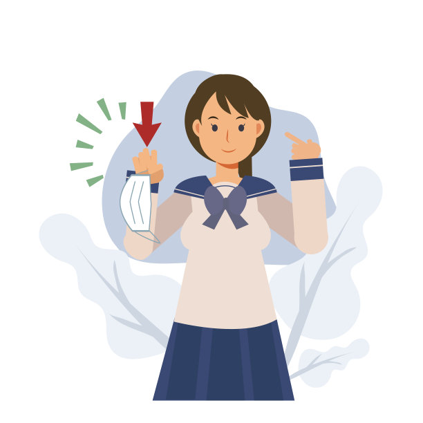 covid-19概念。一名日本女学生正在展示医用口罩。请佩戴口罩后方可入内。平面向量。图片下载