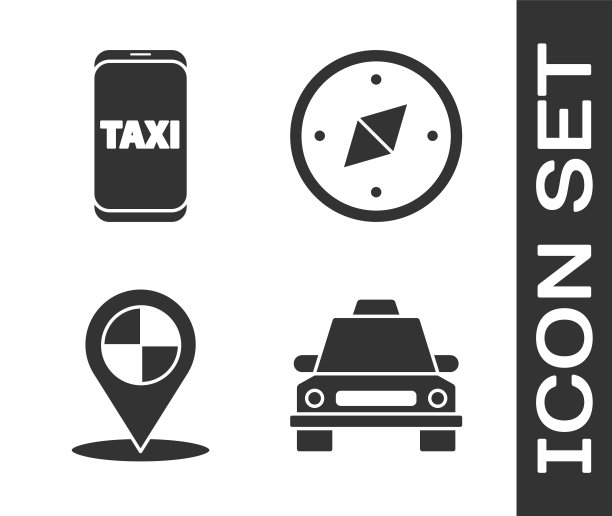 设置出租车，出租车呼叫电话服务，地图指针与出租车和指南针图标。向量图片下载