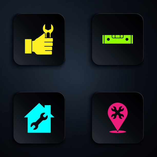 设置位置扳手，扳手扳手，房屋维修和施工气泡水平。黑色方形按钮。向量图片下载