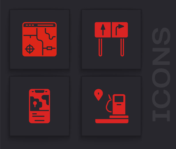 设置位置和加油站，城市地图信息图，道路交通标志和城市导航图标。向量图片下载