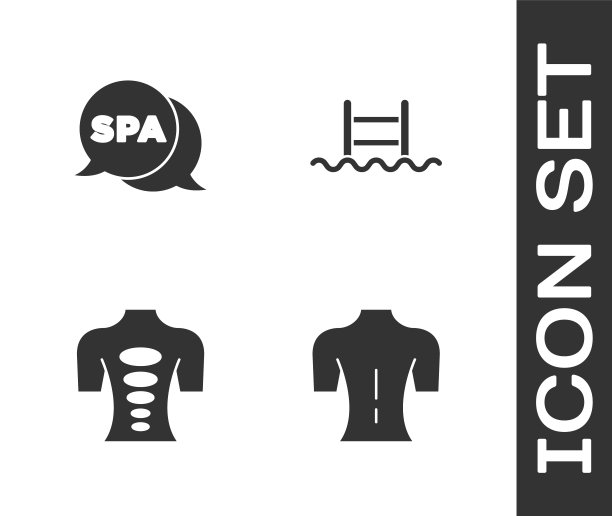 设置按摩，水疗沙龙，石疗和游泳池与梯子图标。向量图片下载