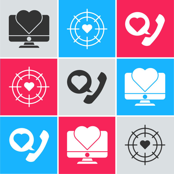 设置电脑显示器与心脏，心脏在中心镖目标目标和电话与心脏讲话气泡图标。向量图片下载