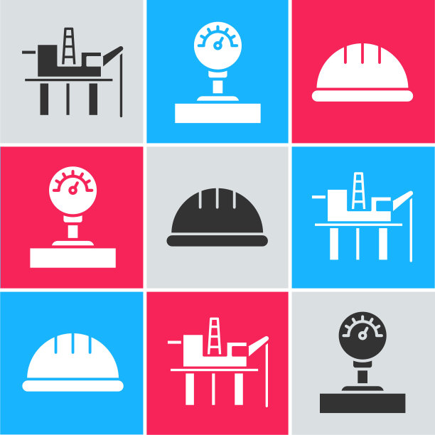 设置海上石油平台，仪表刻度和工人安全帽图标。向量图片下载