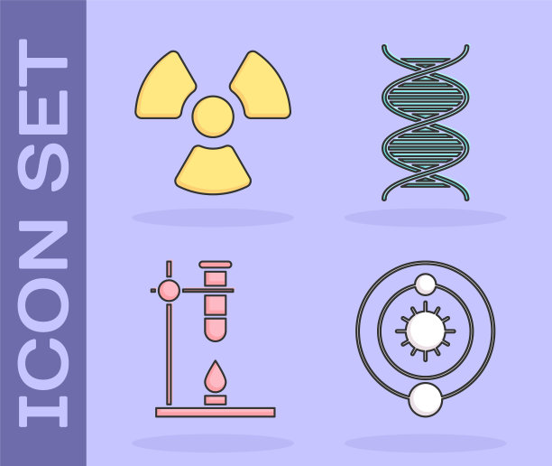 在火加热器上设置太阳系、放射性、玻璃试管烧瓶和DNA符号图标。向量图片下载