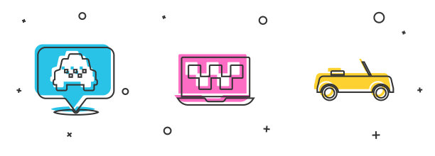 设置位置与出租车，笔记本电脑呼叫服务和汽车图标。向量图片下载