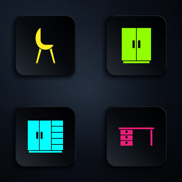 设置办公桌，扶手椅，衣柜和。黑色方形按钮。向量图片下载