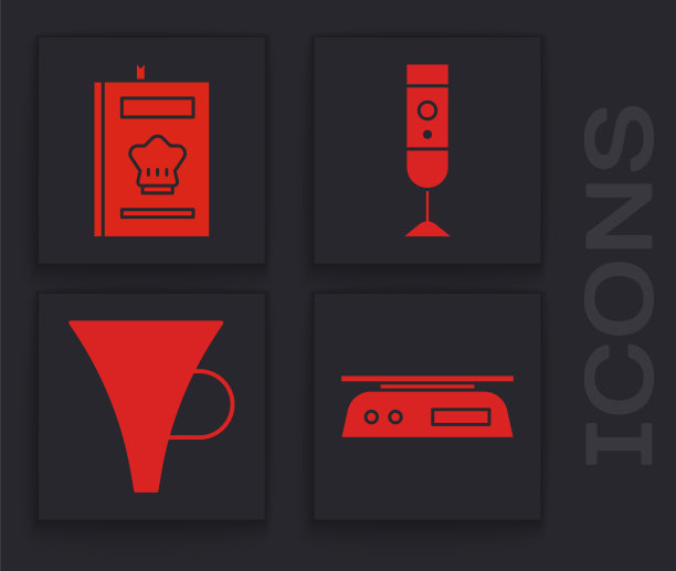 设置电子秤，烹饪书，搅拌机和漏斗或过滤器图标。向量图片下载