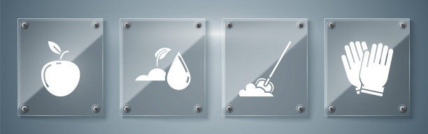 设置园艺手套，铲子在地上，浇水和苹果。方形玻璃面板。向量图片下载