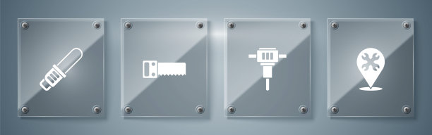 用扳手，施工手提钻，手锯和链锯设置位置。方形玻璃面板。向量图片下载