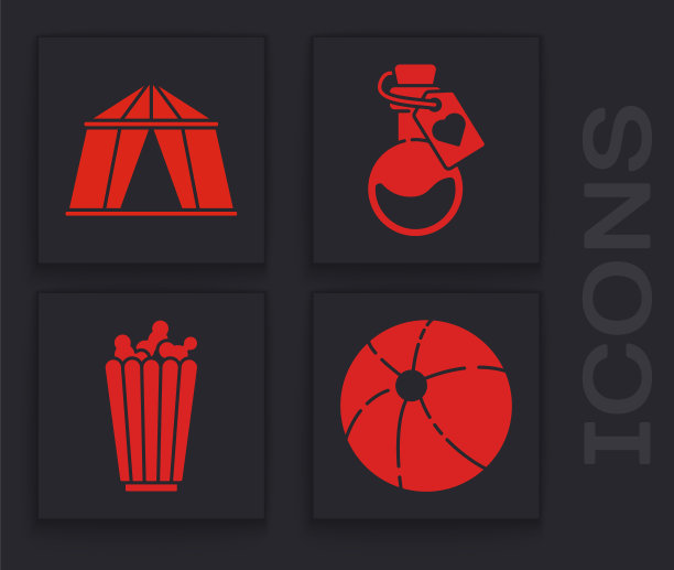 在盒子图标中设置沙滩球，马戏团帐篷，装有爱情药水的瓶子和爆米花。向量图片下载