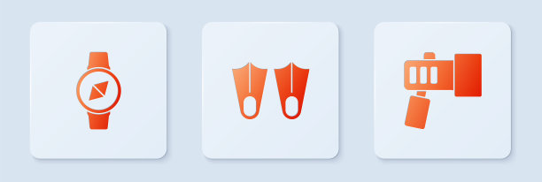 设置橡胶脚蹼，指南针和手电筒。白色正方形按钮。向量图片下载