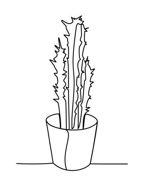仙人掌盆栽植物龙骨室内植物连续线画黑色在白色孤立向量插图图片下载