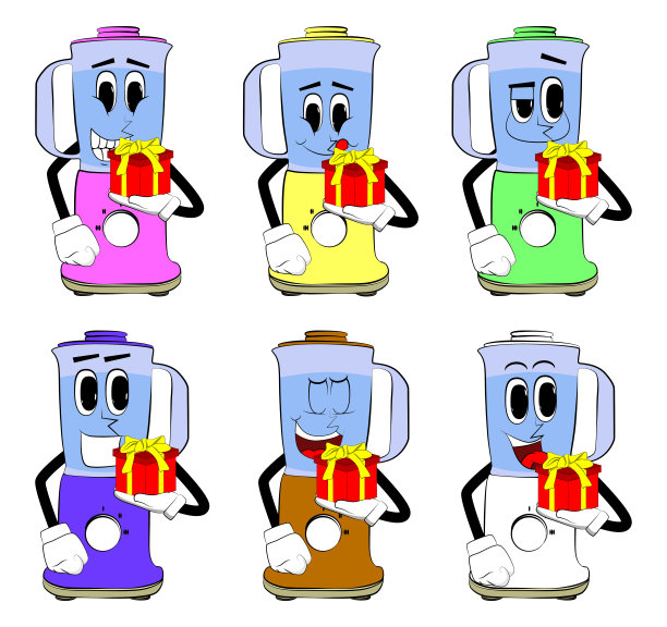 拿着小礼品盒的食品搅拌机是一个卡通人物的脸。图片下载