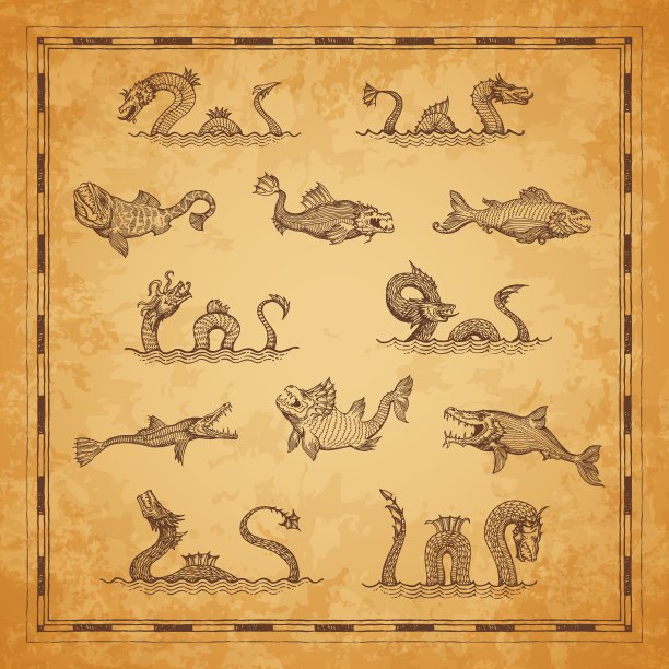 古地图蛇、龙、巨兽草图图片下载