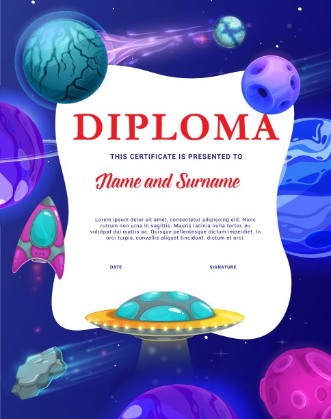 孩子们能拿到蓝色太空行星和火箭的文凭图片下载
