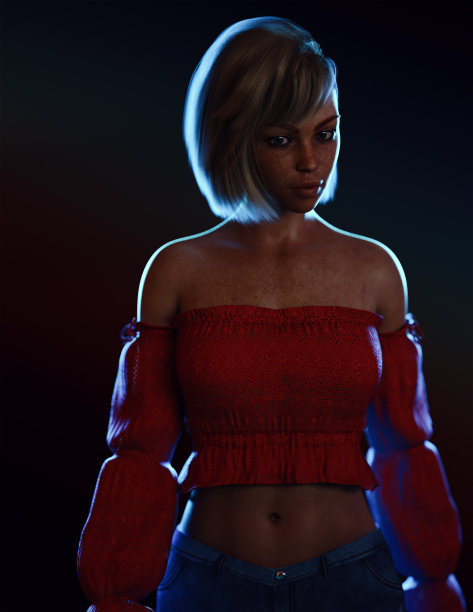 一个留着波波头的年轻女人，在蓝色的背光下穿着一件粉红色的衬衫。黑暗的工作室肖像。3 d渲染。图片下载