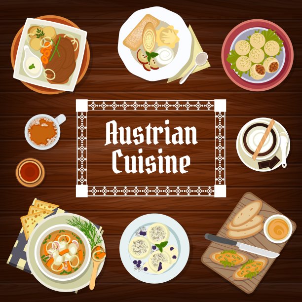 奥地利美食菜单涵盖，肉类和水果菜肴图片下载
