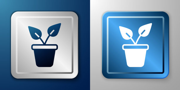 白色植物在花盆图标孤立在蓝色和灰色图片下载