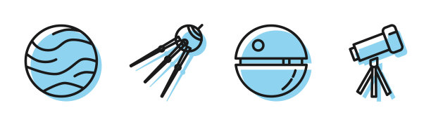 设置线死亡星，行星，卫星和望远镜图标。向量图片下载