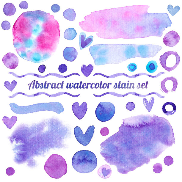 集紫色，粉红色，蓝色水彩手绘污渍和心。收集设计贺卡，请柬，婚礼图片下载