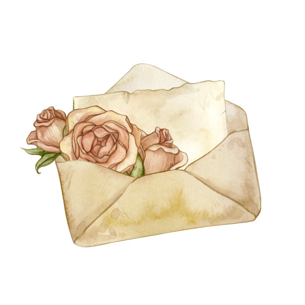 一个打开的信封与一封信和玫瑰孤立在白色背景的水彩插图。图片下载