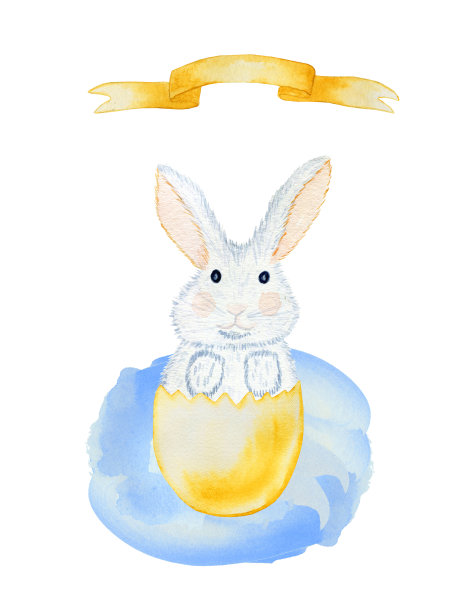 白色可爱的兔子在鸡蛋壳春天复活节卡片。手绘插图。祝您节日快乐。出生的赞美。图片下载