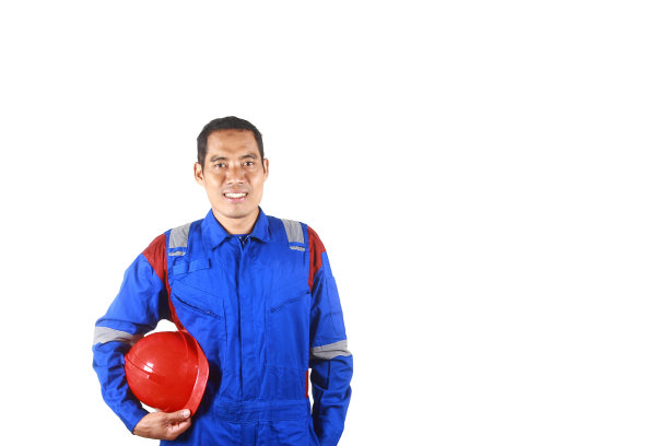 亚洲工程师的肖像穿着安全夹克和头盔，孤立在白色背景的微笑图片下载