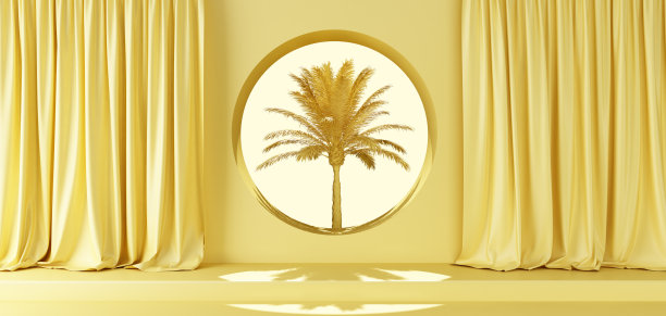 极简主义的场景，黄色的棕榈树在洞中图片下载