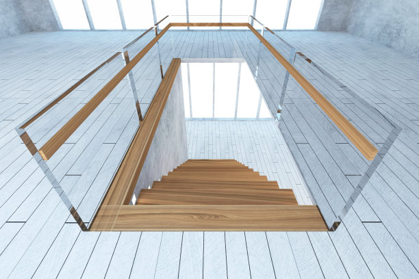 现代空房间内部木制楼梯和大窗户图片下载