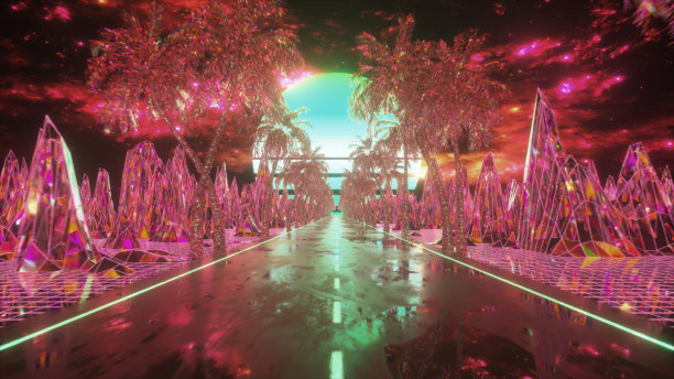 镜面平滑的道路背景下的日落，钻石山和树木。粉红色的绿色。三维演示图片下载