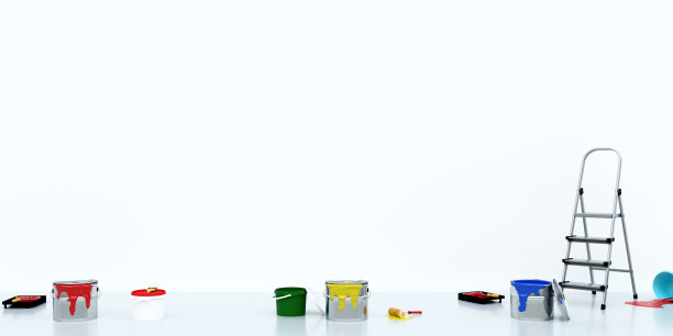 室内装修和绘画。绘图工具和油漆在空房间，三维渲染图片下载