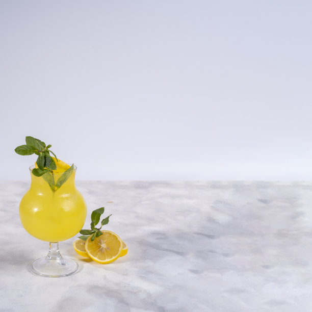 柠檬水，新鲜薄荷和柠檬片在灰色的背景下，水果鸡尾酒图片下载