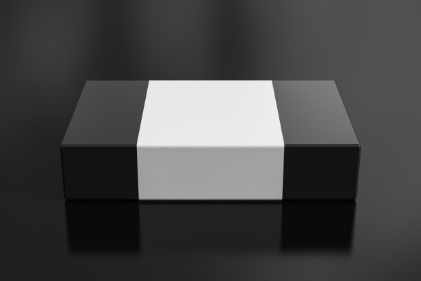 平盒模拟空白纸封面标签:黑色背景上的黑色礼盒。图片下载
