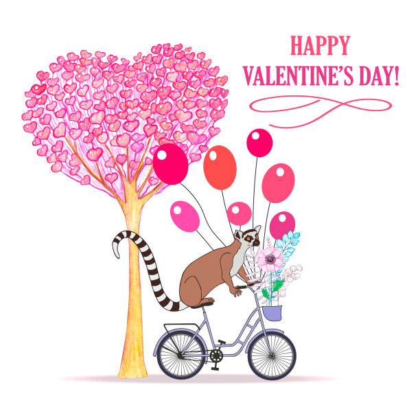 情人节快乐!——卡。一棵红心树，一只带着球的狐猴骑在自行车上。图片下载