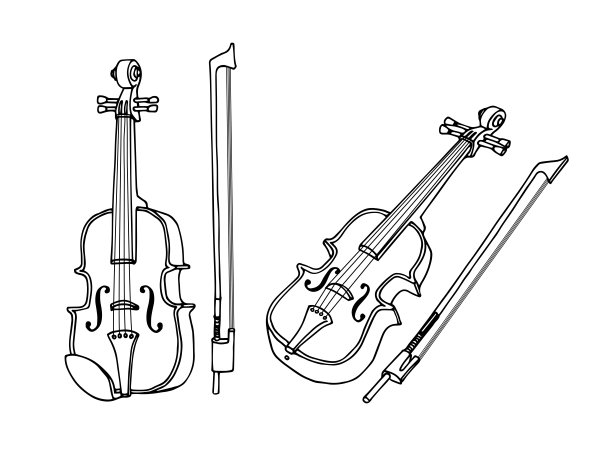 带弓的小提琴。黑色墨水。图片下载
