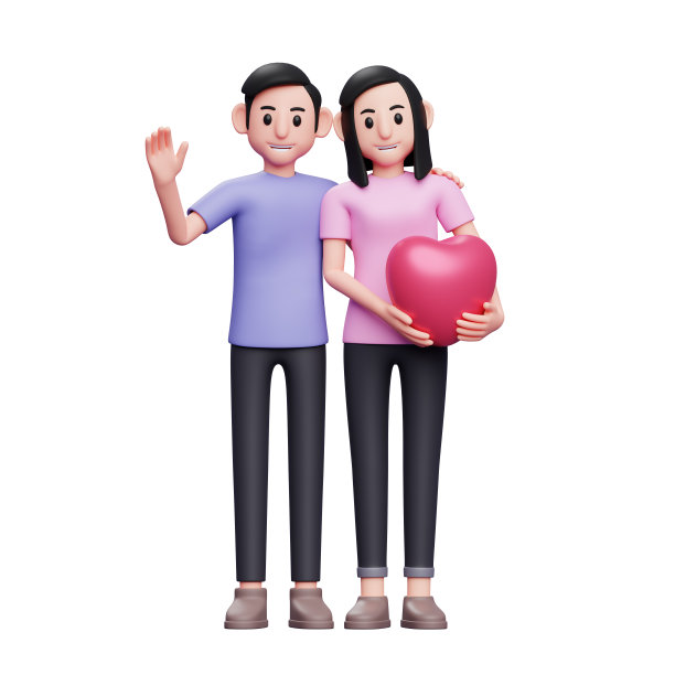 浪漫的情侣拿着心形气球摆造型，并挥手，3d情人节概念人物插图图片下载