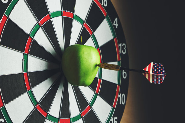 概念实现的目标。在商业、政治和生活中实现目标。标着美国国旗的飞镖靶，正好卡在靶心上。图片下载