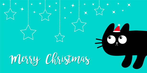 圣诞快乐。黑猫小猫在拐角处偷窥。红色圣诞老人的帽子。吊星闪耀集。可爱的卡通人物。宝宝的宠物。贺卡印刷。平面设计。蓝色背景。图片下载