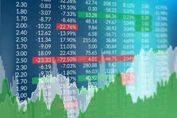 财务蓝色背景与数字，白色和绿色的图表。金融市场的概念图片下载