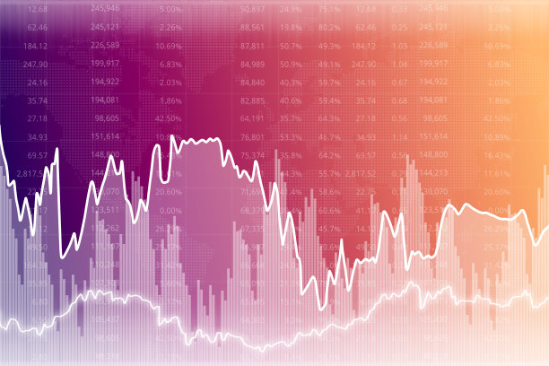 财务洋红色和黄色背景与数字，列和线图。金融市场的概念图片下载