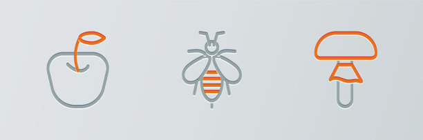 设置行蘑菇、苹果和蜜蜂图标图片下载