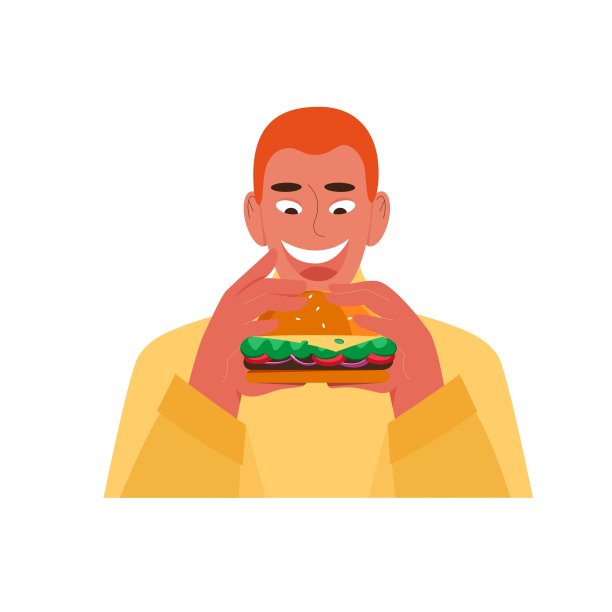 年轻人边吃边拿着汉堡。矢量插图在平面风格，快餐概念图片下载