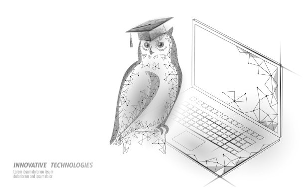 猫头鹰象征教育鸟类的智慧。电子学习距离的概念。研究生证书国际全球项目理念。低聚3D互联网教育课程世界地图矢量插图图片下载