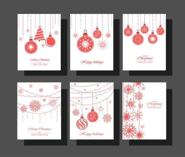 一套圣诞贺卡的装饰红挂球，雪花，花环在白色背景的圣诞树在平面风格图片下载