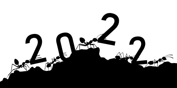 蚂蚁与数字2022在新年快乐概念剪影向量在白色背景图片下载