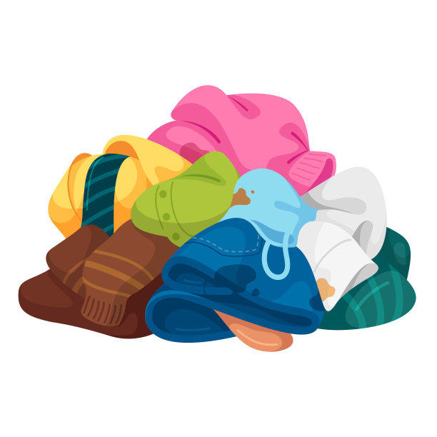 一堆脏衣服矢量平面插图。许多凌乱的衣服堆与斑点孤立图片下载