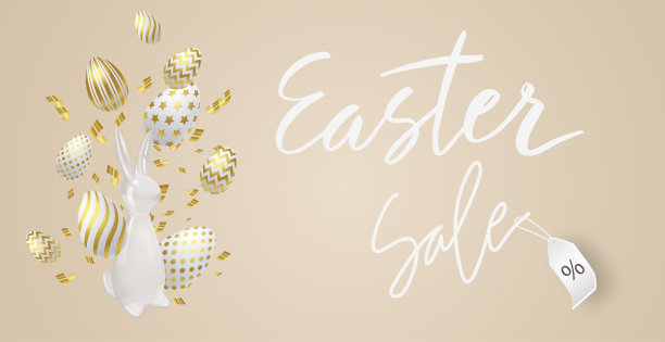 快乐的复活节假期背景。3d粉色金兔子和兔子，天然鸡蛋和金色的五彩纸屑。图片下载