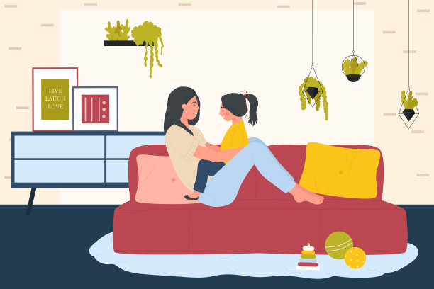 母女玩着有趣的游戏，快乐的母女坐在舒适的沙发上图片下载