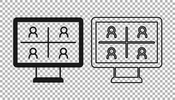 黑色透明背景下隔离的视频会议图标。在线会议可以在家工作。远程项目管理。向量图片下载